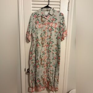 Marigold  Floral Button-Down Midi Dress in Light Blue with Pink Accents